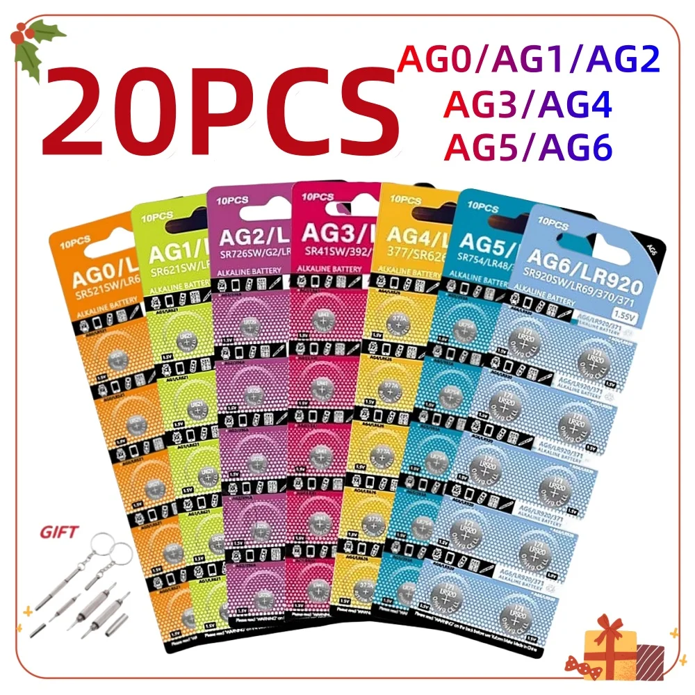 20Pcs AG4 Battery AG0 AG1 AG2 AG3 AG4 AG5 AG6 Button Cell Coin LR41 377 364 371 SR621SW  Alkaline Battery For Clock Electronic