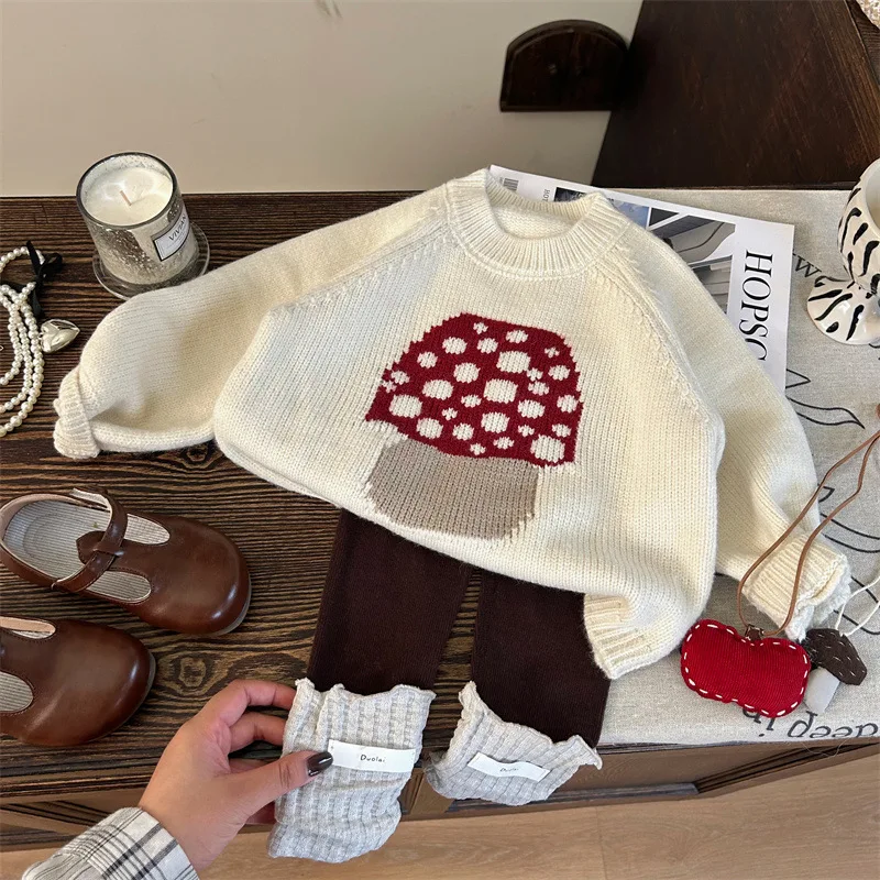 Girls Suits 2024 Autumn New Childrens Clothes Girl Baby Foreign Mushroom Knitted Sweater Pile Pile Socks Leggings Two-piece Set