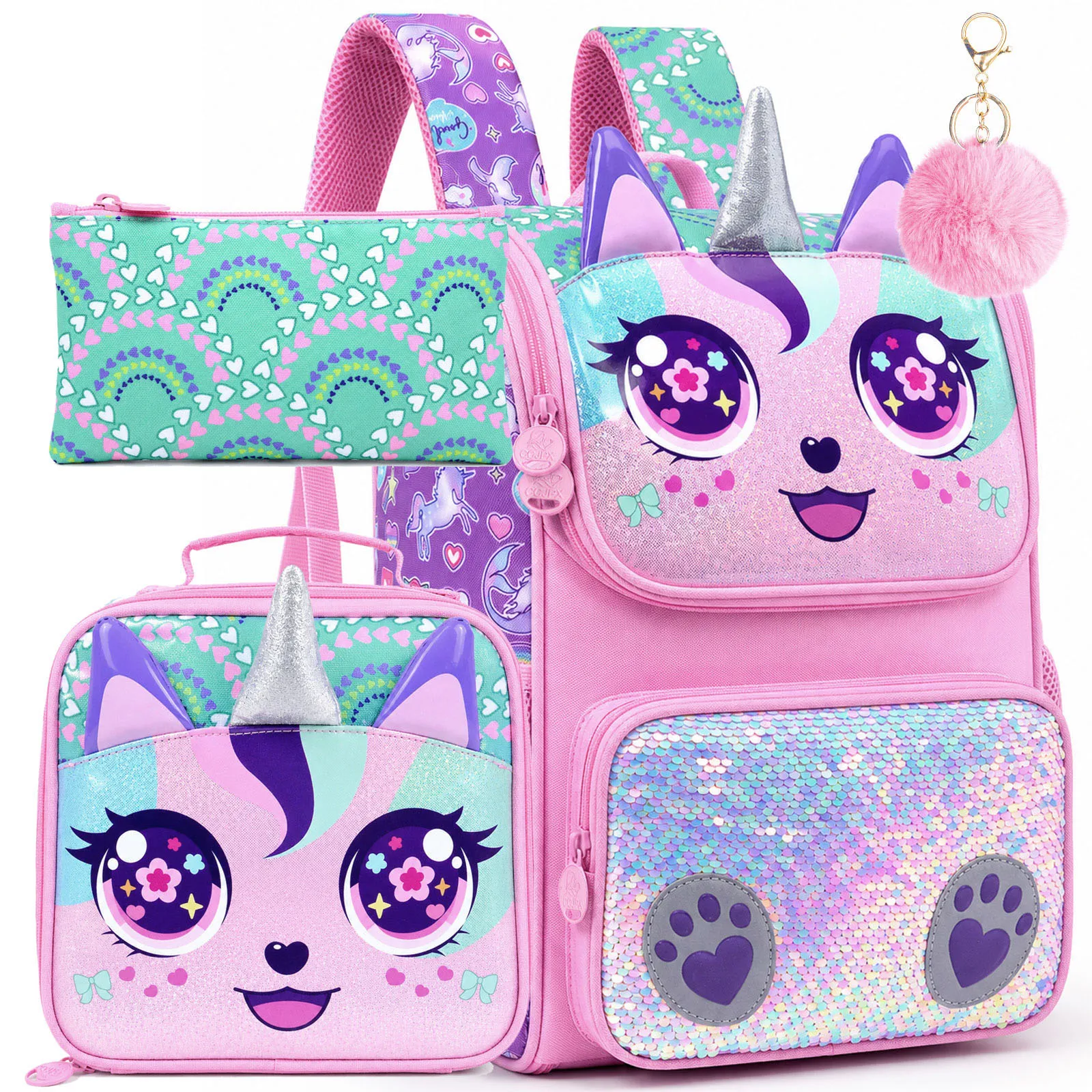 3Pcs Kids Backpack Set Cute Unicorn Cat Cartoon School Bag Sequins Design with Lunch Bag Pencil Case Lightweight Bookbag for Gir