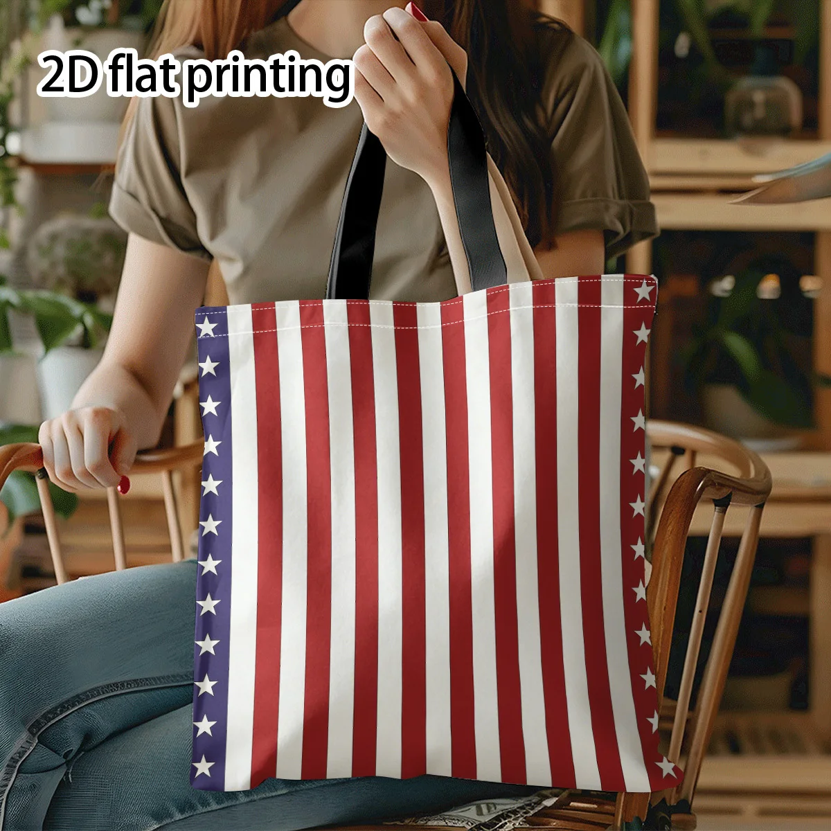 Colorful Tote Bag Featuring an American Pattern with Stars And Stripes, Family During Holiday Events Large Capacity Shopping Bag