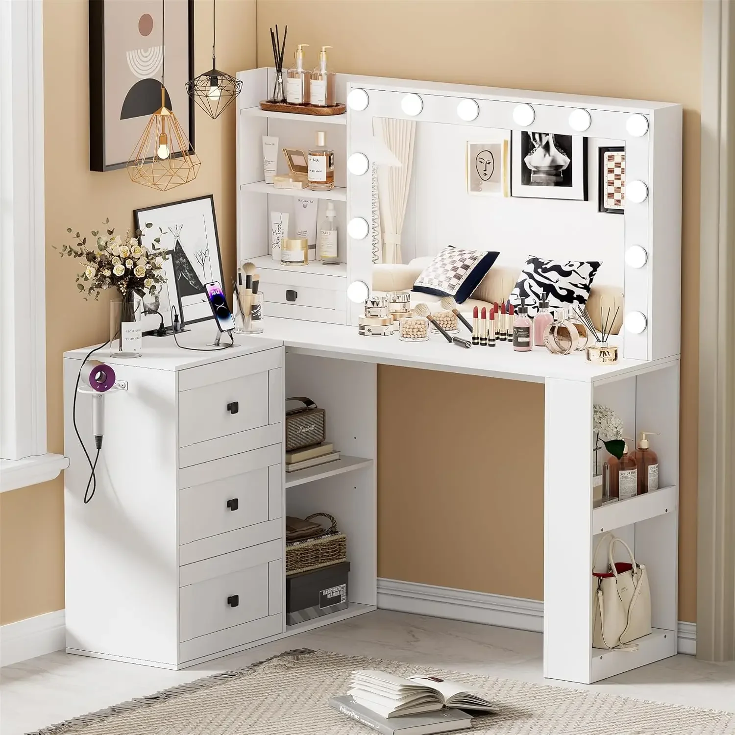 PAKASEPT Vanity Desk with Mirror and Lights, Corner Makeup Table with 3 Color Lighting, White Vanity with Power Strip & Hooks