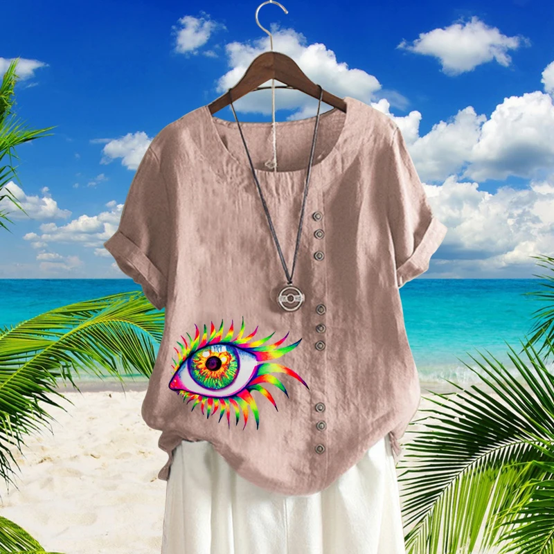 Summer Leisure Colorful Eye Graphic Loose T Shirts Ladies Cotton Linen Blouse Vintage Round Neck Short Sleeves Tops XS-5XL