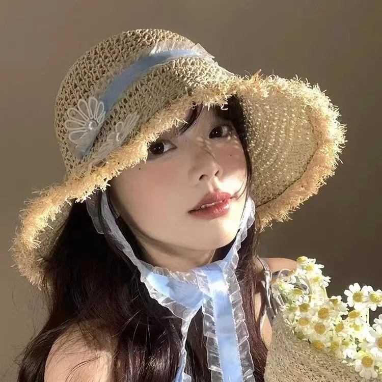 Hand-woven Straw Foldable Beach Hat Women Lace Flower Ribbon Adjustable Sun Cap Cute Fairly Summer Straw Sombrero Para Mujer