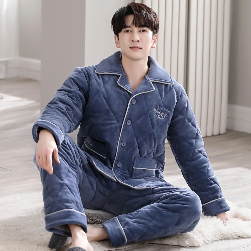 

Winter Thick 3Layer Quilted Men Letter Pajamas Set Of Sleep Tops & Bottoms Male Flannel Keep Warm Sleepwear Thermal Home Clothes