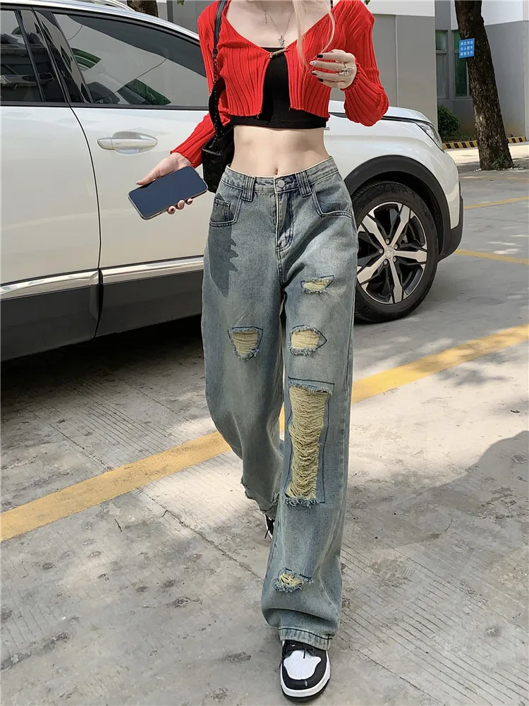 High Waist Slim Blue Jeans Women's Autumn And Winter Holes Straight Demin Trousers Loose Wide Leg Pants