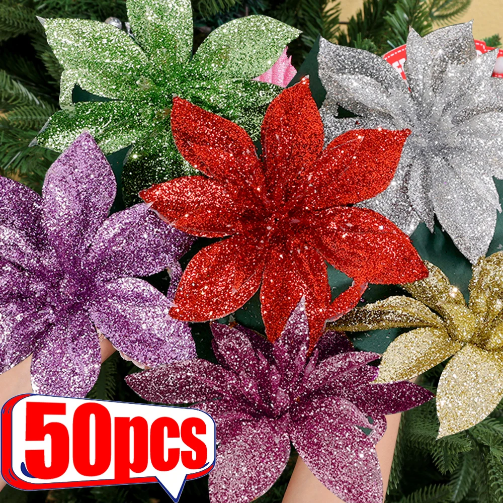 Glitter Artifical Christmas Flowers Christmas Tree Hanging Decoration Fake Flowers Gold Silver New Year Simulated Gift Ornaments