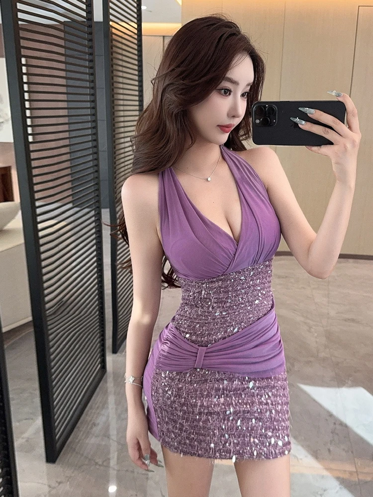 Foamlina Women's Halter Neck Patchwork Mini Dress Summer Fashion Sleeveless Backless High Waist Sequins Bodycon Night Club Dress