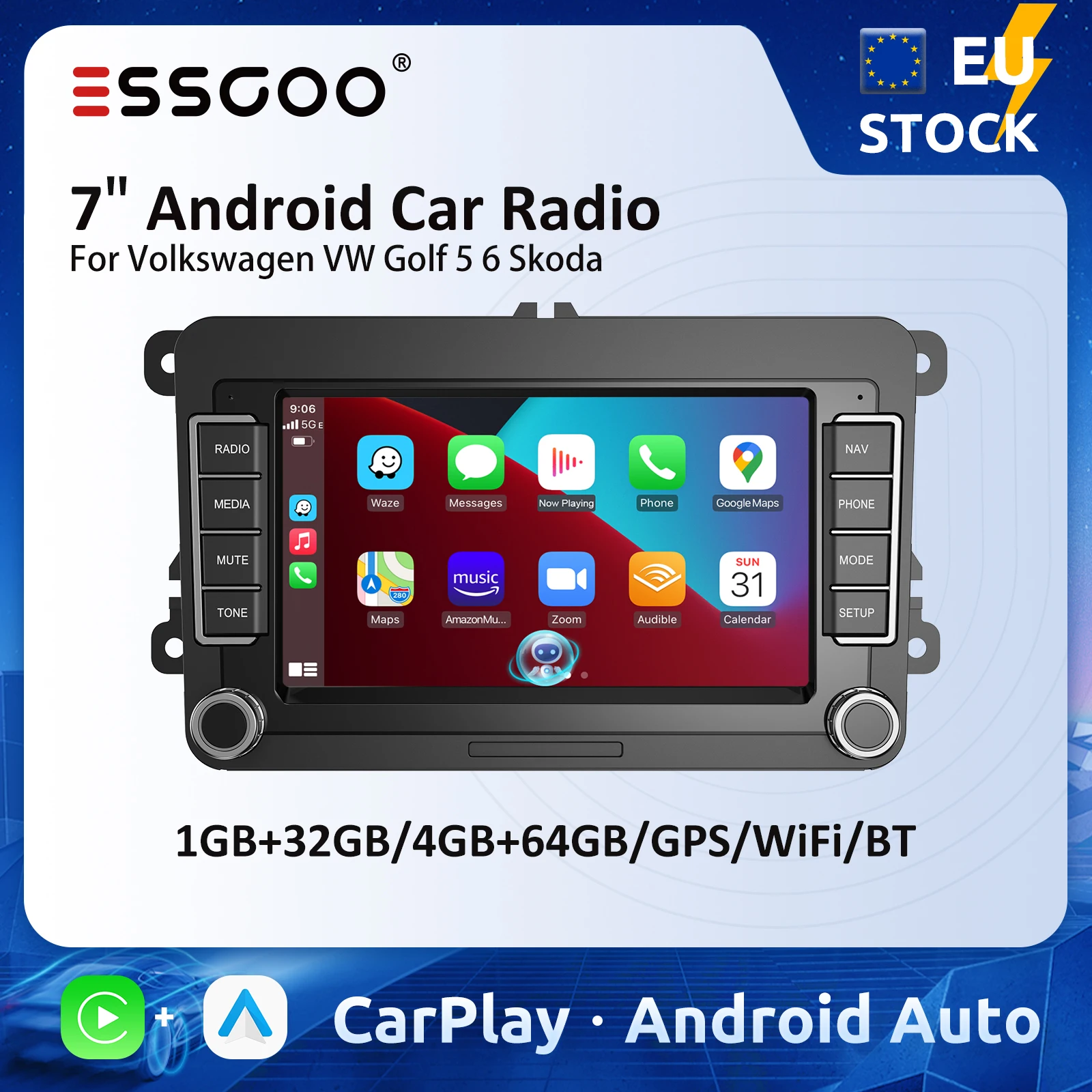 ESSGOO 7 Inch Android Car Radio 2 Din Multimedia Player Carplay RDS GPS 2+32GB Autoradio Stereo For Volkswagen VW Golf 5 6 Skoda