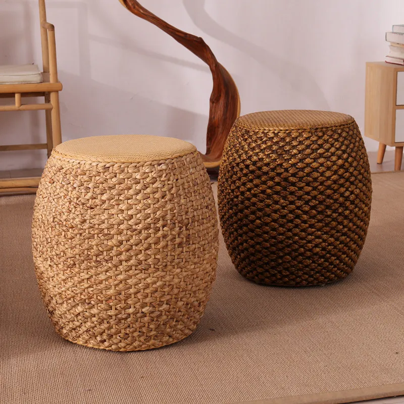 

Табурет-пуфик из массива дерева для прихожей, круглый, плетеный вручную, низкий, в качестве журнального столика для гостиной, уютная скамья-табурет для переобувания