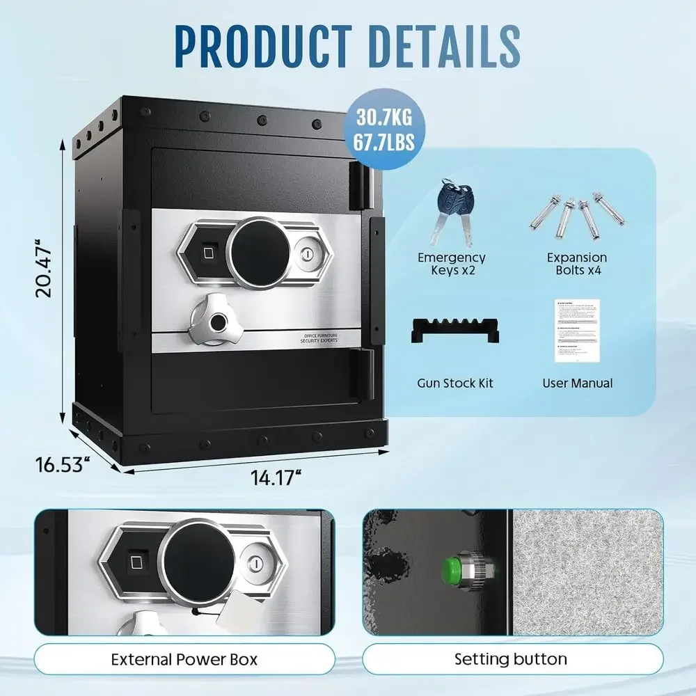 

Heavy-Duty Biometric Safe Smart Alarm 71.47 Lbs Secure Storage 16.53 X 14.17 X 20.47 in Dimensions