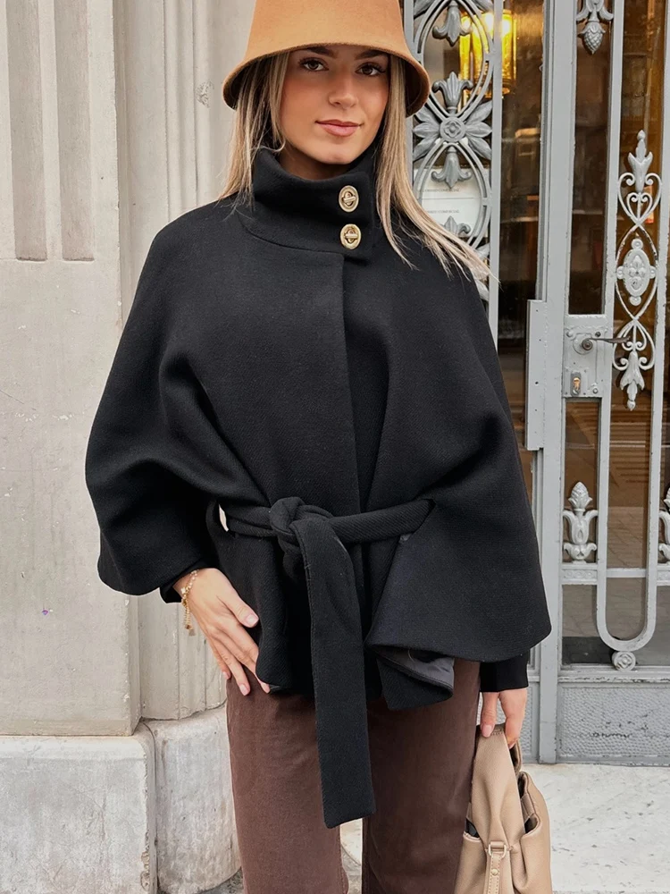 

TFMLN 2026 New Women Lace Up Jackets With Pocket Fashion Loose Fit Cape Coats Autumn Winter Warm Elegant Ladies Cloak Coat