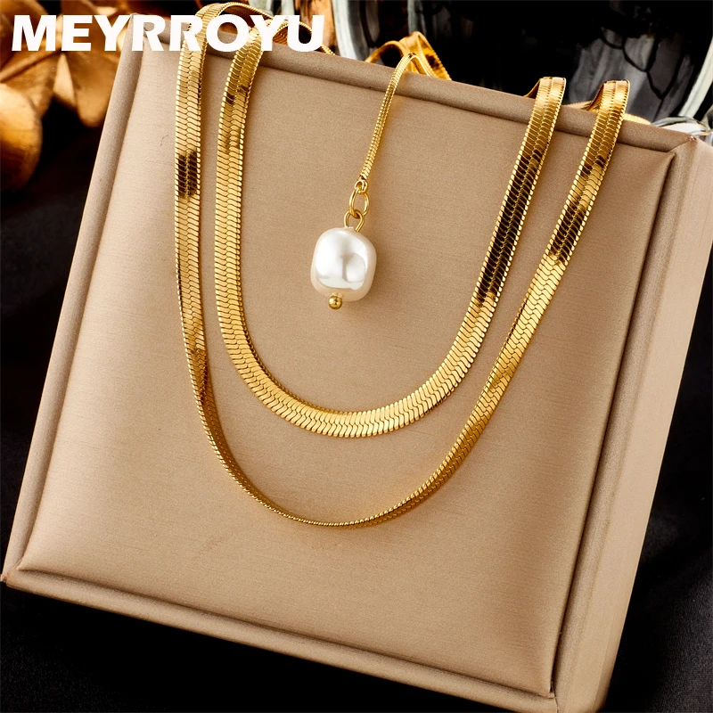 MEYRROYU 316L Stainless Steel New Long Snake Chain Imitate Pearl Pendant Collar Necklace For Women Party Gift Bijoux бижутерия