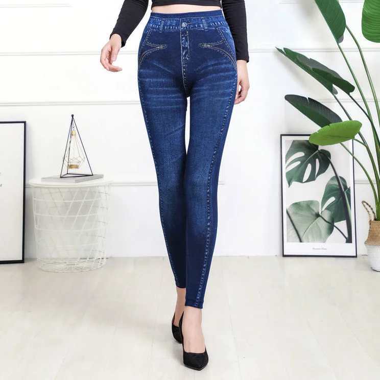 Spring Summer High Waist Faux Denim Jean Leggings Slim Stretch Skinny Pencil Pant Female Push Up Jeans Trousers