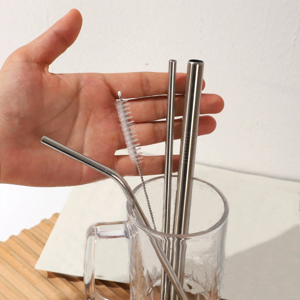 Reusable Metal Drinking Straws 304 Stainless Steel Sturdy Bent Straight Drinks Straw with Cleaning Brush Bar Party Accessory