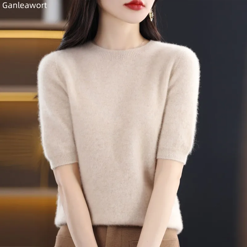 Spring Summer New Wool Sweater Women's Shortsleeved Roundneck Sweater Korean Version 100% Pure Wool Pullover Bottom Knitted Coat