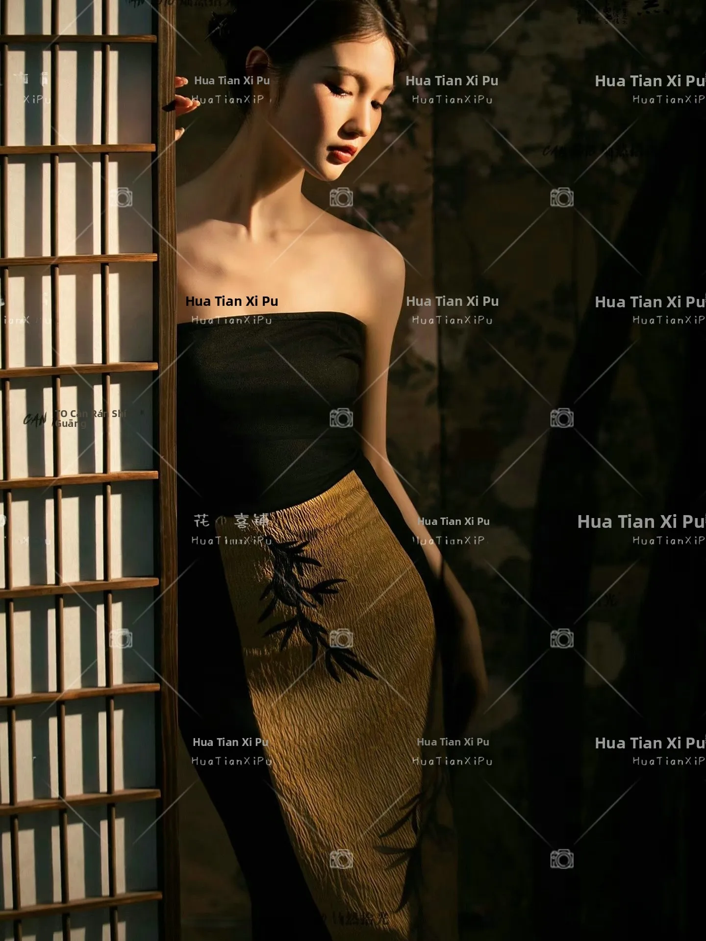 

Black Sari Gown New Chinese Style Studio Photography Flag Dress Artistic Portrait Clothing Watercolor Painting Retro Theme