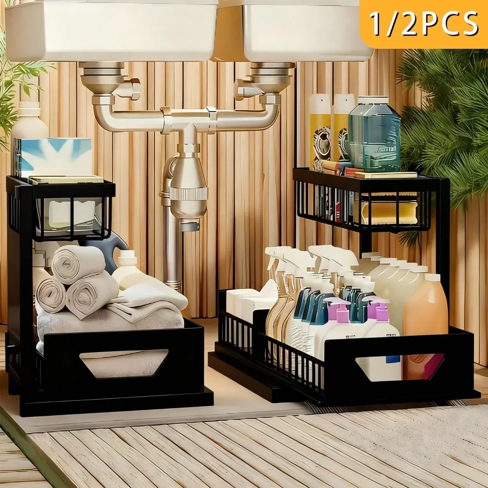 1pcs 2pcs Under Sink Storage Organizer, Large 2Tier Elegant Mesh Pull Out Shelf For Kitchen And Bathroom Cabinet Organization,
