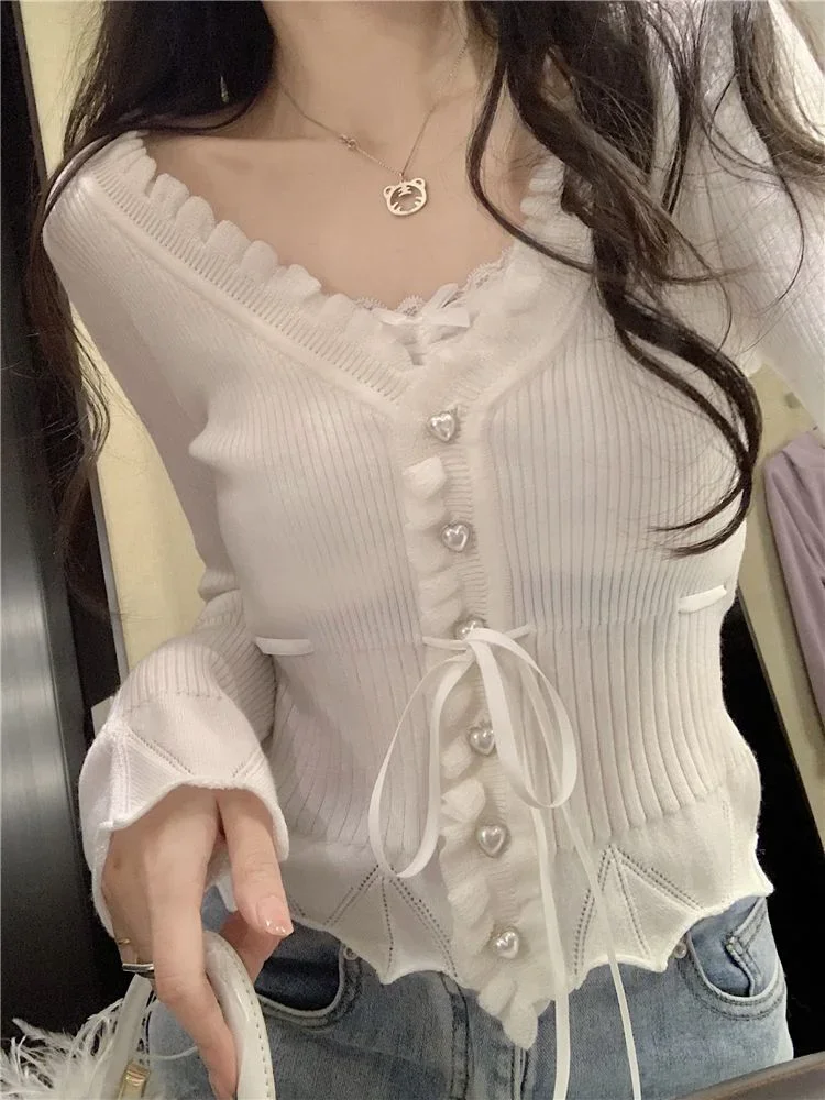 Sweet Fresh V-neck Lace Patchwork Tops Women Autumn Bandage Ruffles Sweaters Harajuku Slim Fit Long Sleeve Knitted Cardigan