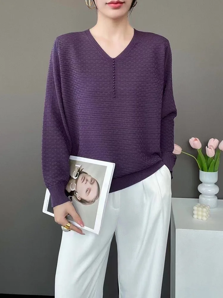 Loose V-ne Knitted Sweater Women's Autumn Winter Simple Match Pure Color Knitwear Casual Commute Sle plus Size Inner Wear