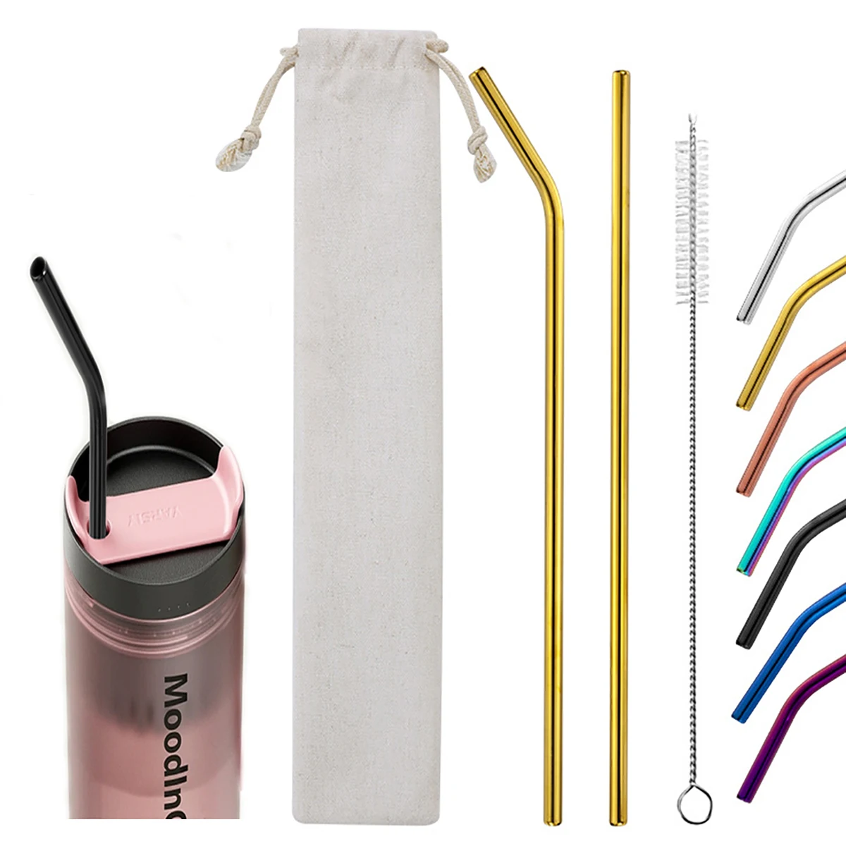 4 Pcs/Set Reusable 304 Stainless Steel Drinking Straw Car Cup Metal Drinkware Drink Items Toppers Matching Tube Brush Bag Cover