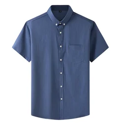 Camisa de manga corta de Color sólido para hombre, ropa informal de talla grande, elástica, holgada, de negocios, Color blanco y negro, para verano, nueva moda