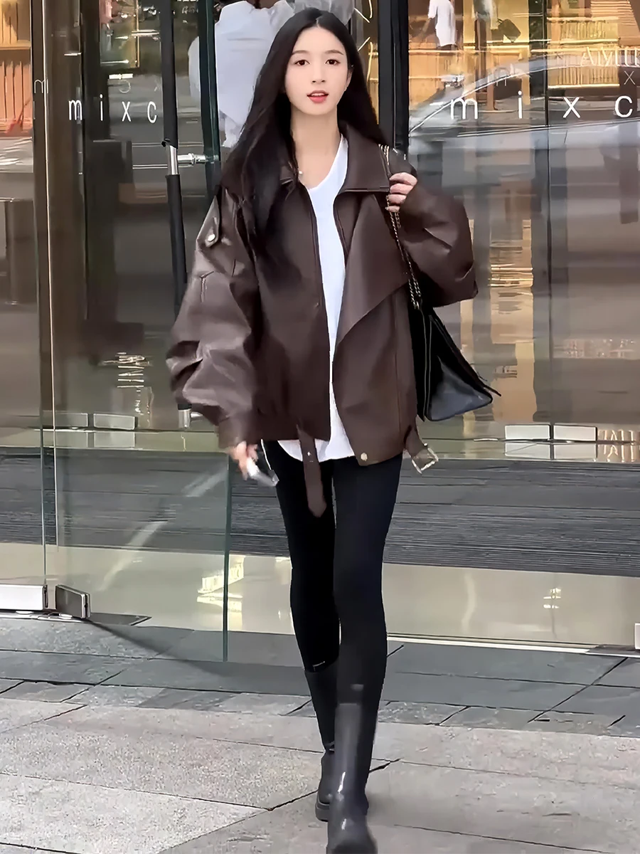 アメリカンレトロレザージャケット長袖スタンドカラーレディースコート不規則デザイン春の新作高級感