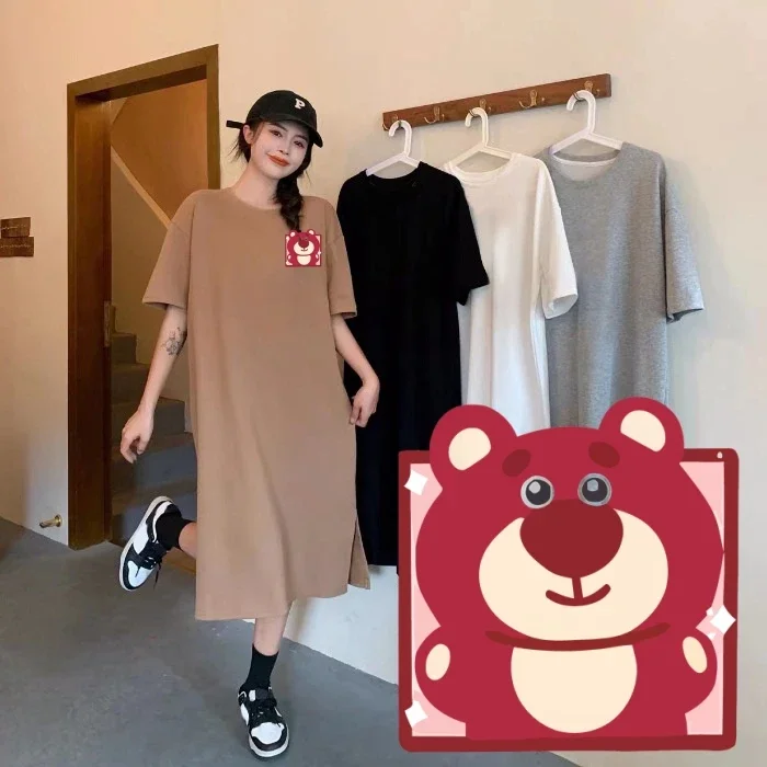 Miniso Strawberry Bear T-shirt Skirt Cartoon Lotso 40-90kg Loose Leisure Style Lone Brown Colours Shortsleeved Soft Uniquedress