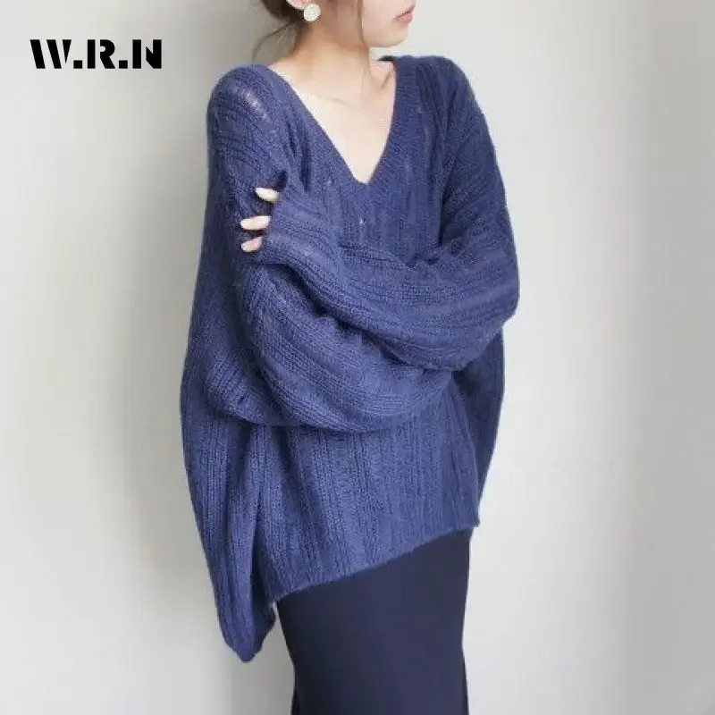 

2025 Winter Hotsweet Casual V-neck Knitting Loose Fit Pullovers Women Coquette Solid Long Sleeve Gyaru Ladies Sexy Sweater