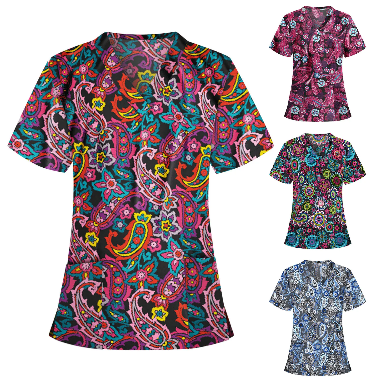 Scrubs Top Nursing Uniform Women Vintage Ethnic Print V-Neck Tunic Healthcare Workwear Nurse Uniforms Beauty Salon Spa Blouse