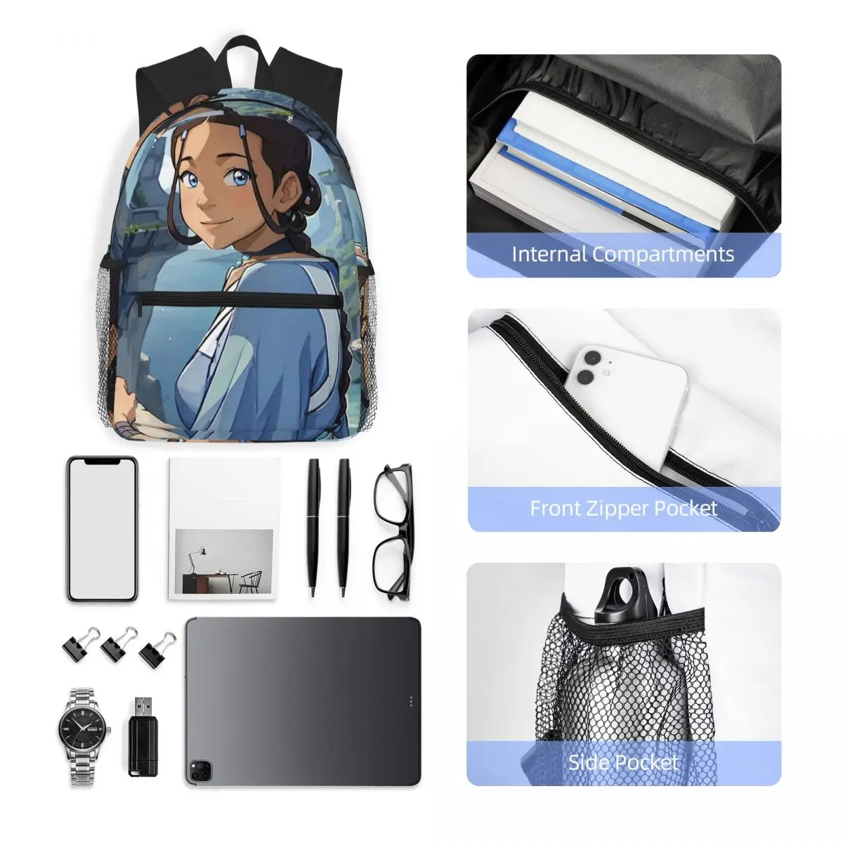 كارتون الصورة الرمزية آخر Airbender كاتارا حقيبة ظهر الطالب حقيبة مدرسية المشي لمسافات طويلة السفر Daypack للبنين بنات حقيبة الكتب حقائب الكتف
