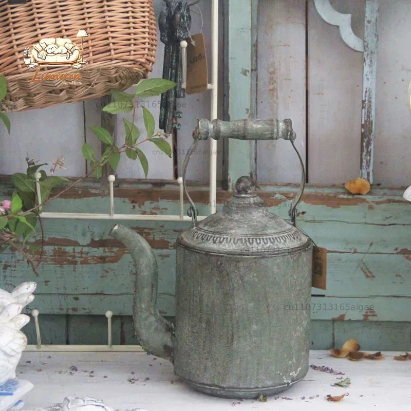Vintage Rustic Metal Teapot Planter with Lid, Garden Home Decor, Distressed Green Finish, 13 Inch Height with Handle, 9.4 Inch W