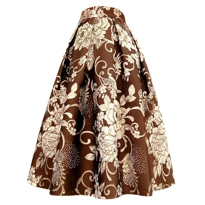 

Spring Fall Women High Waisted Floral Jacquard Mid Calf Ball Gown Skirt , Woman Clothes Luxury Dobby Flower Skirts