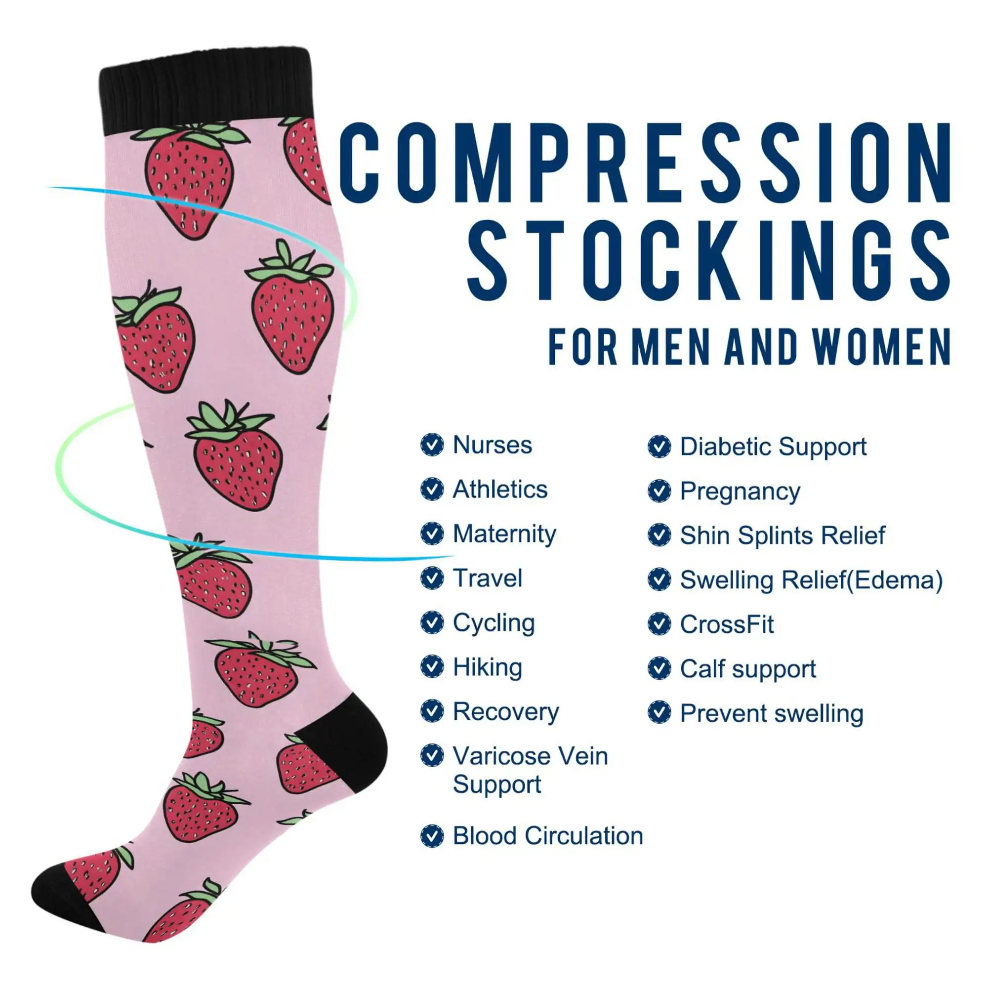 Womens Knee High Socks Casual Long Thick Travel Daily Wear, 1 Pair, Cartoon Strawberry