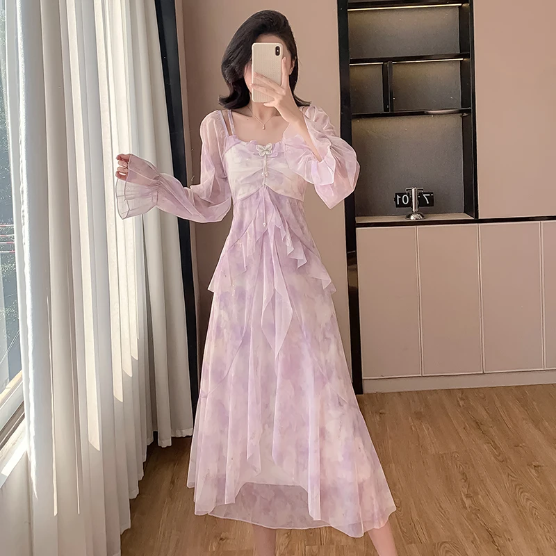 2025 vestido largo informal con volantes y flores moradas para mujer, moda coreana, elegante vestido de vacaciones, vestido de noche elegante de lujo para primavera y otoño