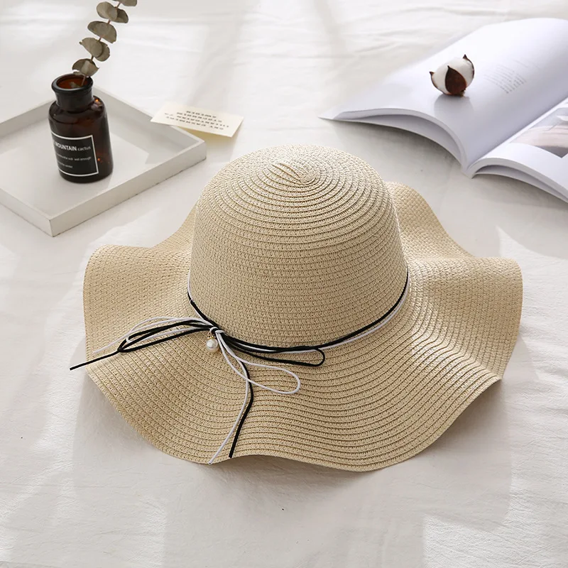 W41 Hat Female Summer Japanese Wild Beach Straw Hat Small Fresh Bow Adjustable Holiday Outing Sun Hat