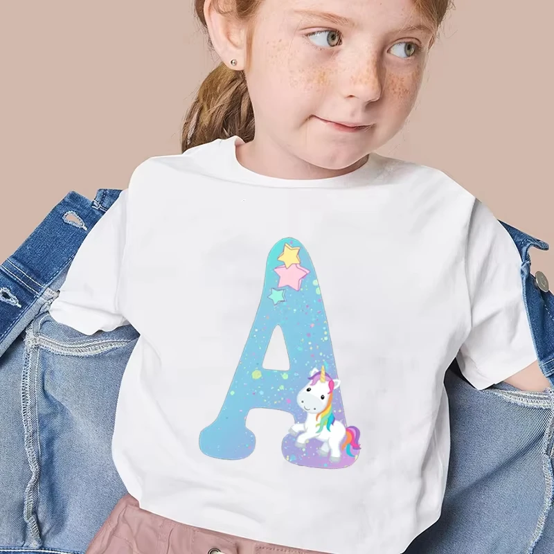Unicorn Glitter Letter L Kids T-Shirt Rainbow 26 Initials Monogram Casual Tee Birthday Gift Girls Short Sleeve Fashion Y2K Tops