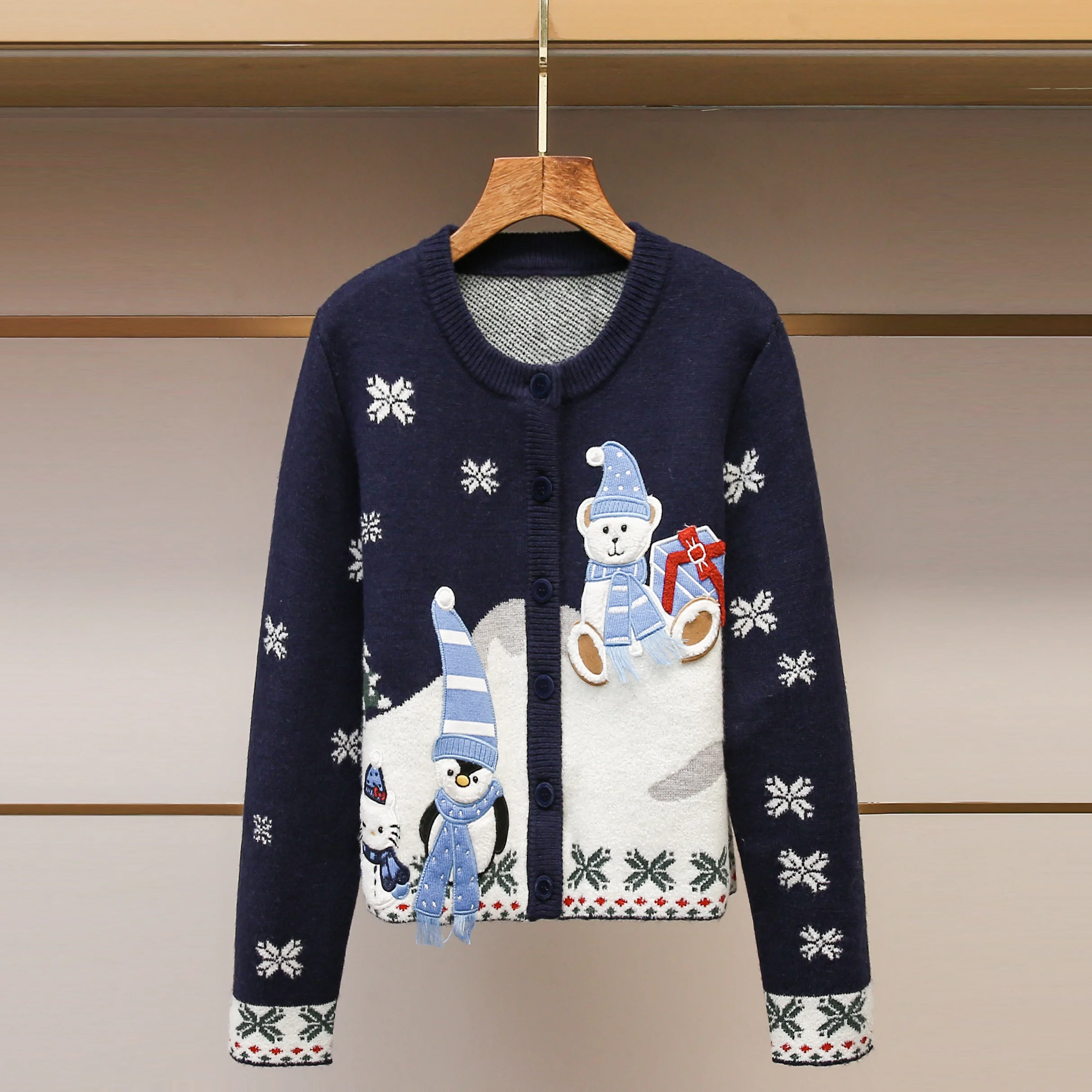 

Winter 2025 Cute Snowscape Snowman Patchwork Knitted Open Cardigan Women's Outerwear Soft Medium Thin Long Sve round ...