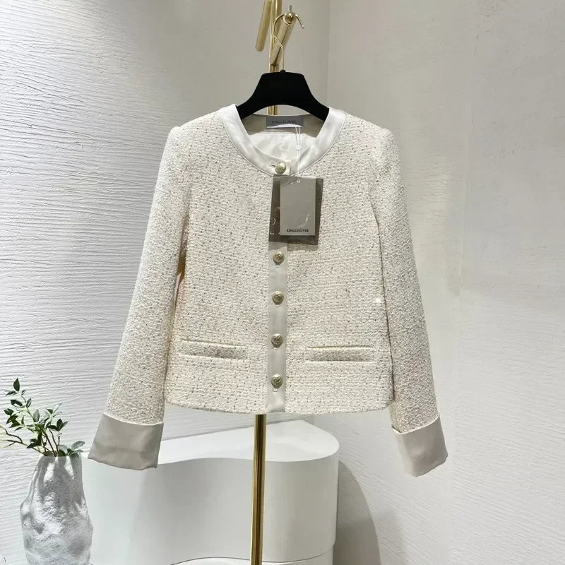 Beige Round Neck Elegant Fashion Women Holiday Daily  Cute Top Quality Sequined Sleeve Tweed Jacket New Arrivals 2024