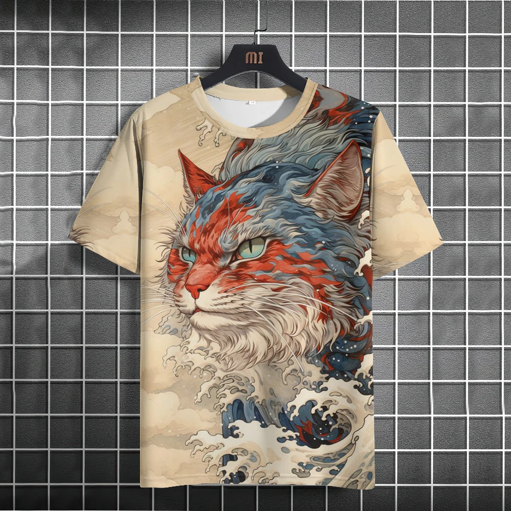 Erkekler t-shirt rahat kısa kollu üstleri japon tarzı Ukiyoe grafik giyim boy yaz giyim erkek t-shirt kedi desen