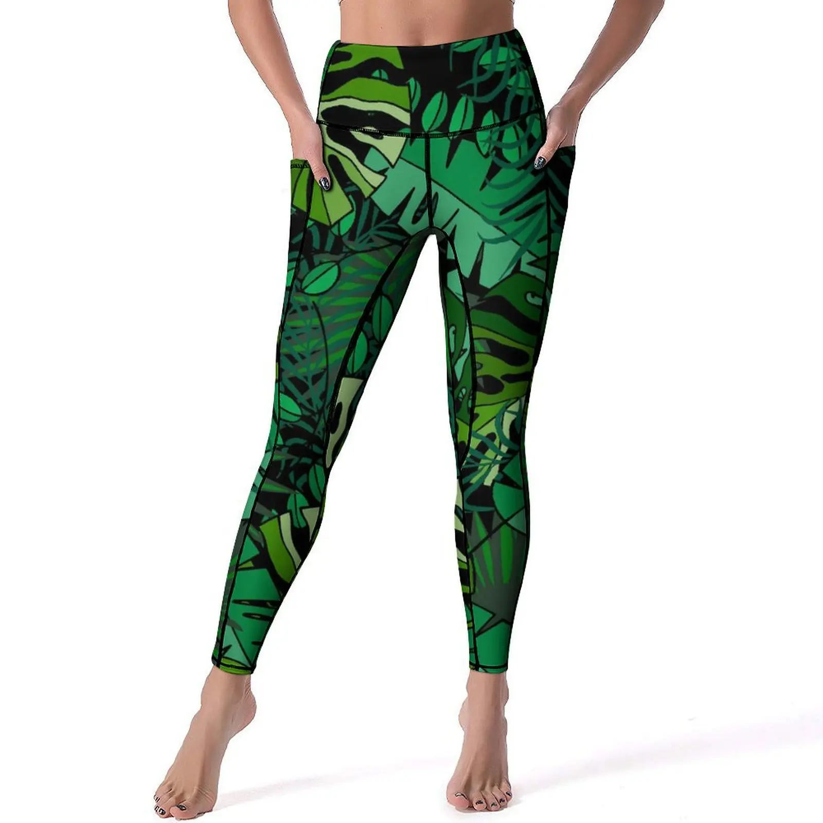 

Tropical Leaf Leggings Sexy Palm Print Workout Yoga Pants Push Up Stretch Sports Tights Pockets Kawaii Graphic Leggins