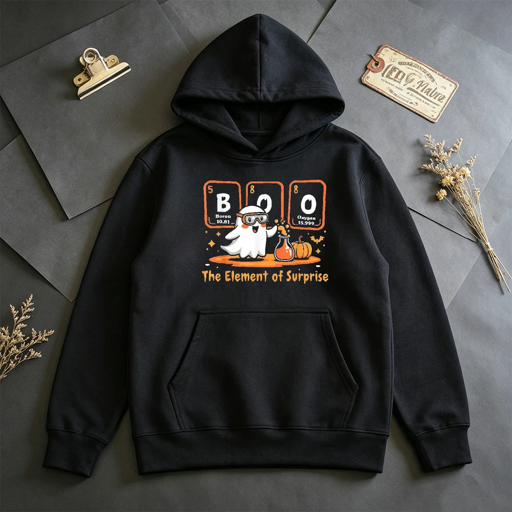 Science Boo Element of Surprise Hoodie Unisex Chemistry Ghost Graphic Printed Sweatshirt Women Men Fall Halloween Apparel