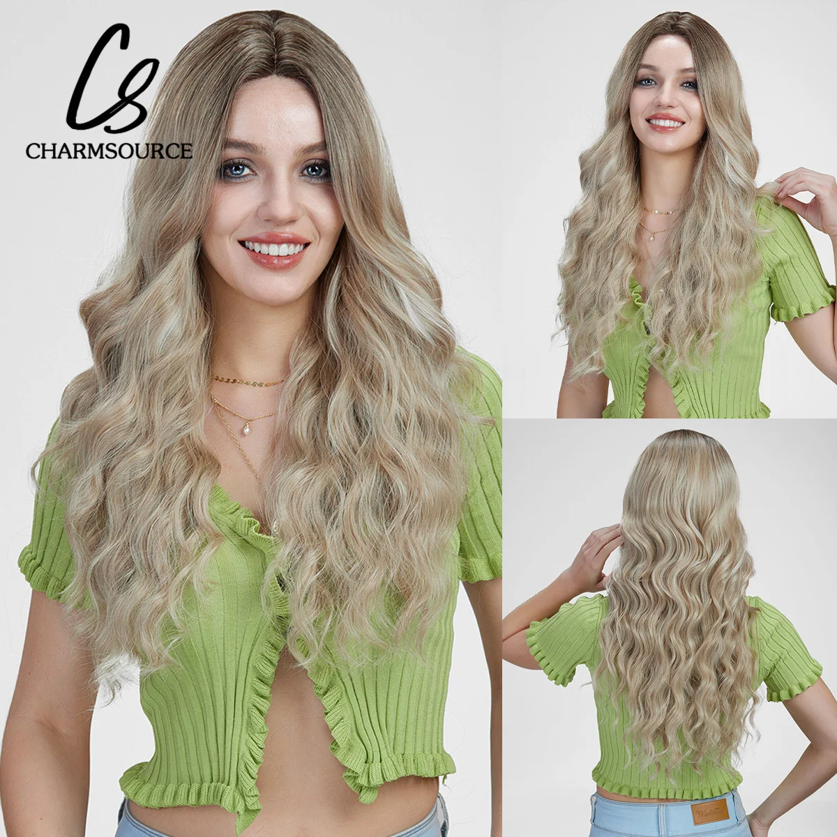 

CharmSource Lace Front Wigs Brown Ombre Gray Synthetic Long Wavy Curly Wigs with Strap for Women Cosplay High Density Hair Wig