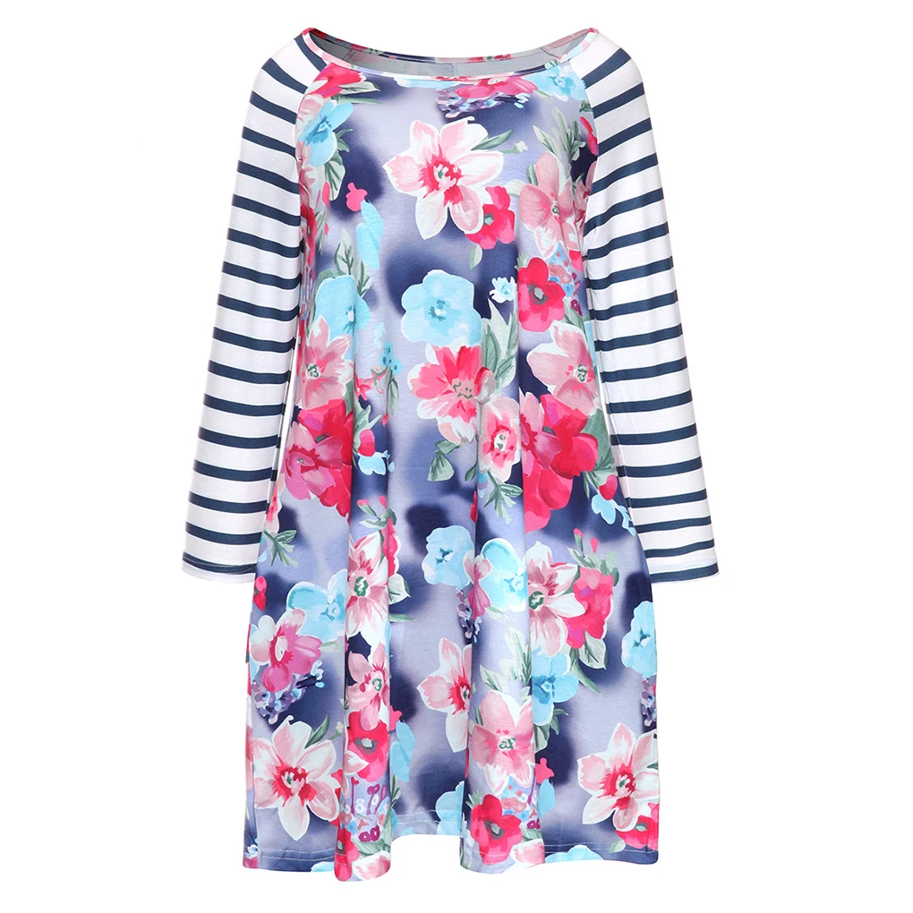 Femmes fille col rond épissage Foral rayure Mini robe poche latérale robe à manches longues
