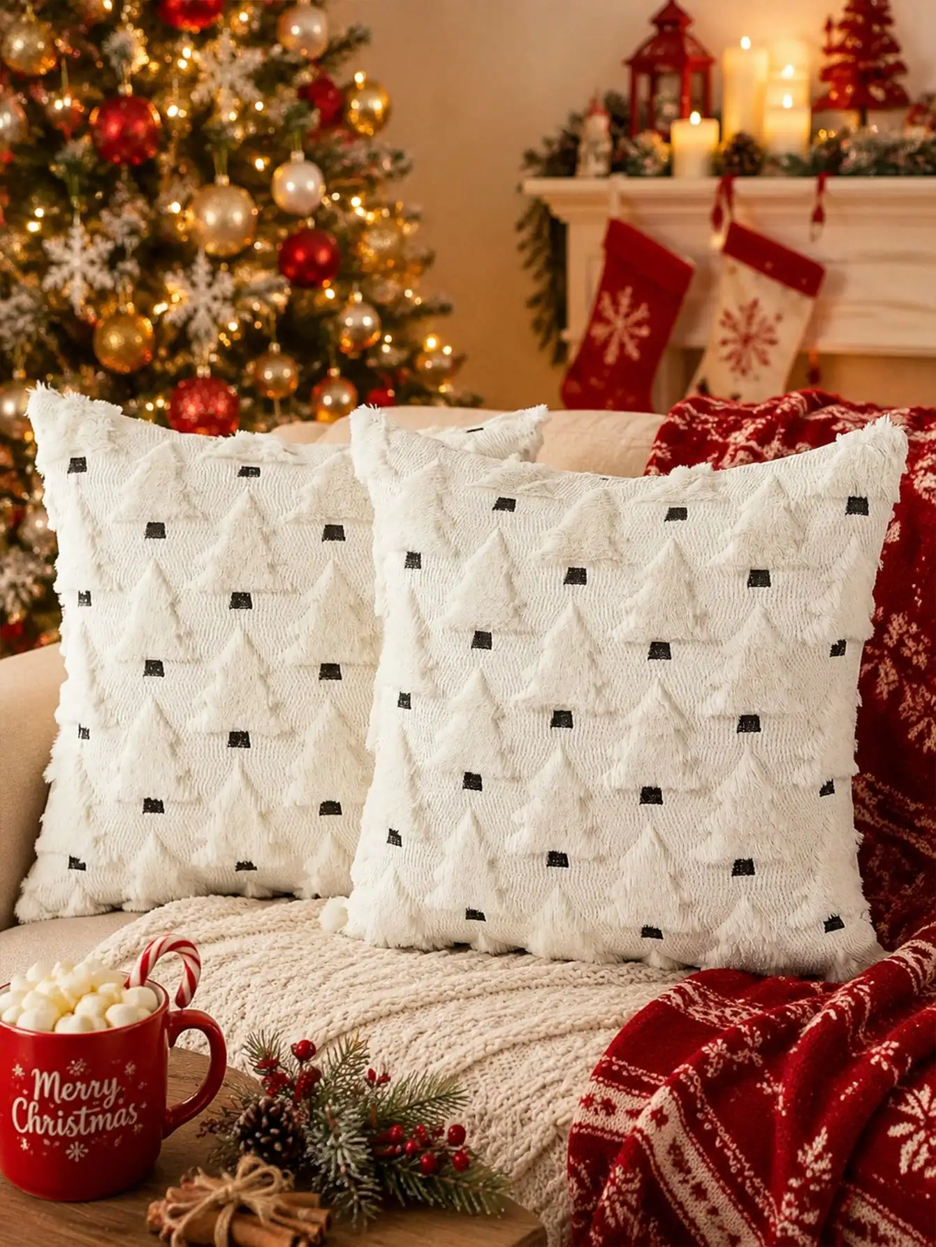 2Pcs Christmas Pillowcases, 18x18 Inches, Beige Christmas Tree Pattern, Soft Faux Fur Sherpa Pillowcases, Winter Holiday Decorations For Sofa Living Rooms
