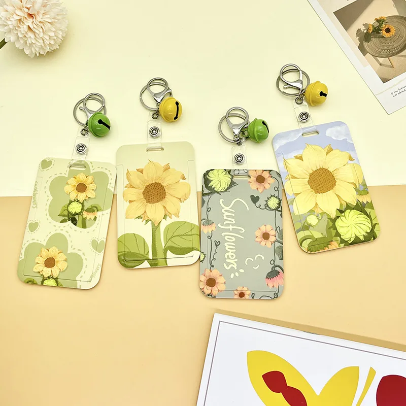 Sunflower Printing Cards Set Lanyards Keychain Plant Neck Strap Card Cover Bell Knitted Holder Lanyard Manga de la tarjeta