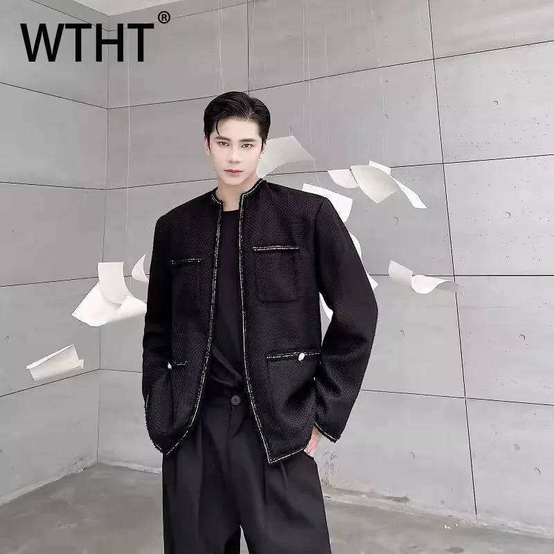 

WTHT модные мужские однотонные повседневные пальто со сращенными карманами, модные куртки с круглым воротником в американском стиле, мужские куртки, осень 2023, 2A1287