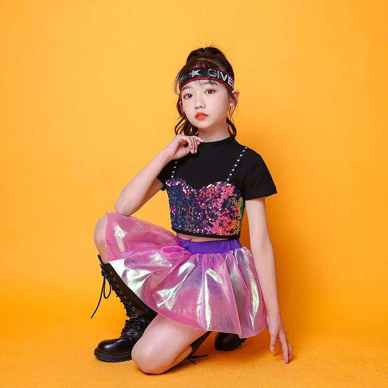 女の子のためのステージパフォーマンスコスチューム、ジャズダンス服、ヒップホップストリートウェア、スパンコールモデリング、ウォーキングショー、練習