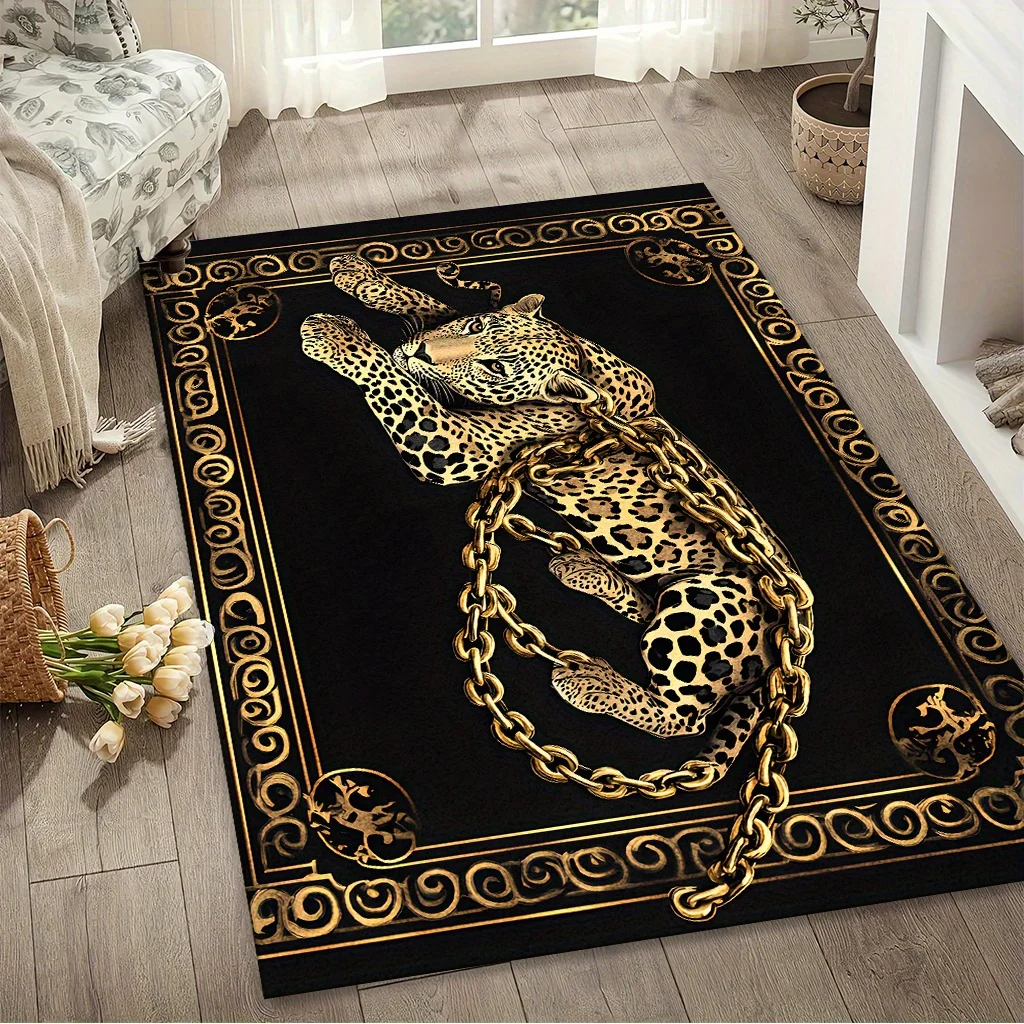 Gold Leopard & Chain Print Area Rug – Soft Decorative Carpet for Living Room Bedroom Home Decor