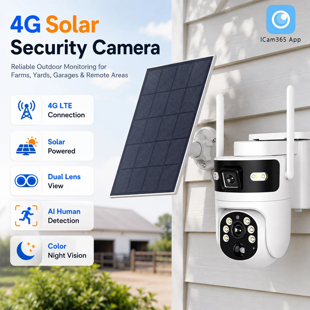 5MP 4G LTE Solar Security Camera Dual Lens Outdoor PTZ Camer
