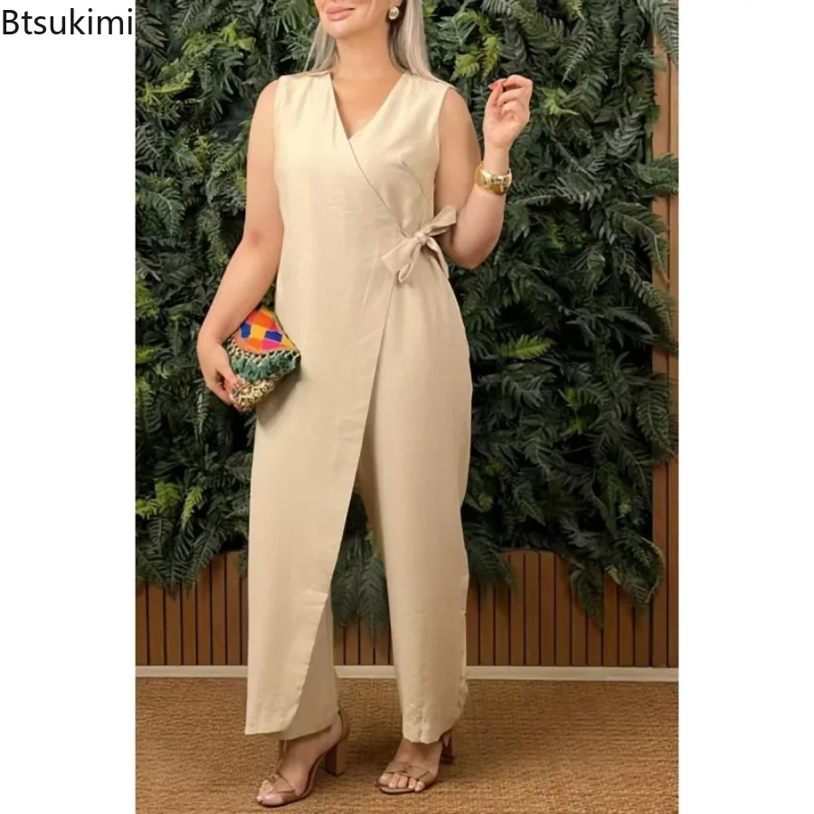 Women's Casual V-neck Cross Strap Jumpsuit Streetwear Loose Romper Elegant Lace Up Sleeveless Hollow Out Solid Office Jumpsuits